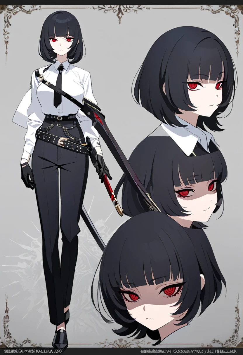 One woman,Dynamic,whole body,Are standing,mysterious,Concept Art,Character Design,Jet black straight hair,The bangs are trimmed to accentuate the eyes.,Well-proportioned face,Sharp Eyes,White shirt,Black tie,Black slacks,Silver cufflinks on the left hand,On the ring finger of her right hand she wears a simple silver ring.。Luxury watches,Black leather shoes,beltでウエストラインを強調,Stylish,Red eyes,belt,Stylish,Simple background gray,Details,Okabo Hair,Half-open eyes,Cool appearance,,Black gloves,Short Hair,Narrow eyes,Accentuated body lines,Has a sword on his waist,