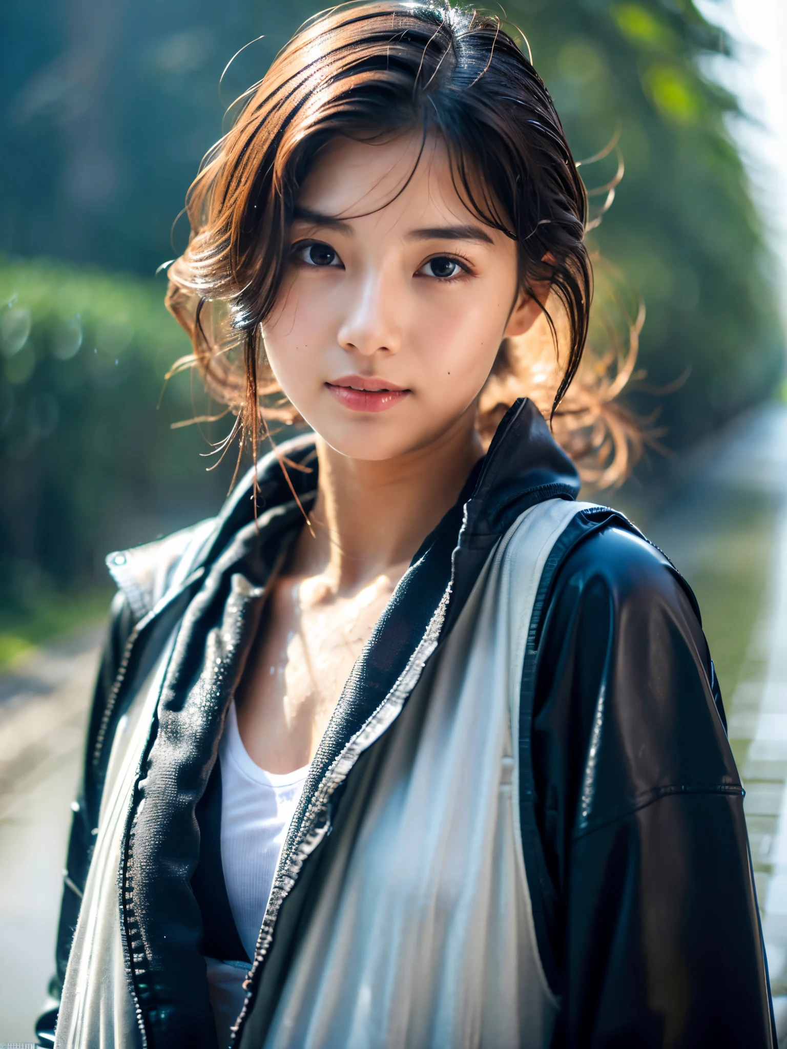 Wet roads ,drenched, Dripping, Wet Face,Wet clothes, Wet Skin, Wet Hair,A young woman with a cute face like an idol,chest,((Daytime)),(Natural light),(High level of artistry),(Artistic),RAW Photos,Genuine,Genuine,High resolution,RAW Photos,masterpiece, beautiful