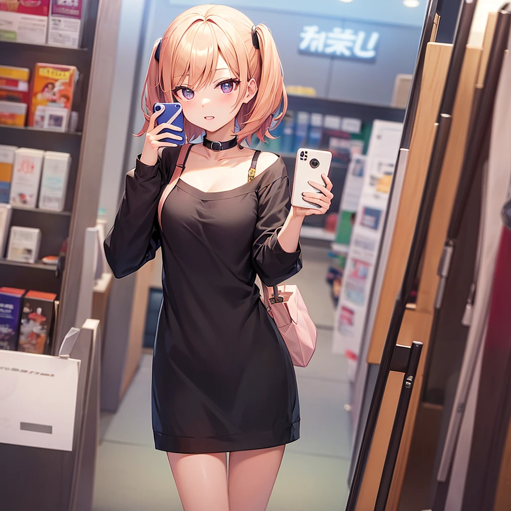  Fish eye filter An anime girl taking a selfie with a while in a store 