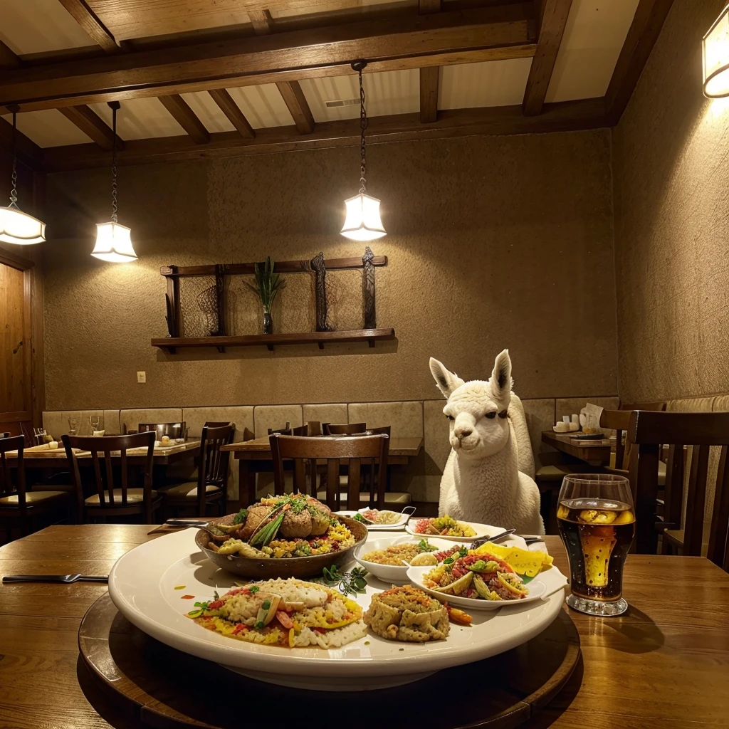 An alpaca eating at a Spanish restaurant in Saitama Prefecture。On the table is the main course of paella and a glass of water.、Cutlery is laid out。