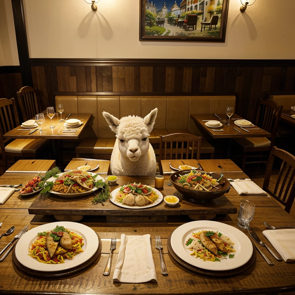 An alpaca eating at a Spanish restaurant in Saitama Prefecture。On the table is the main course of paella and a glass of water.、Cutlery is laid out。