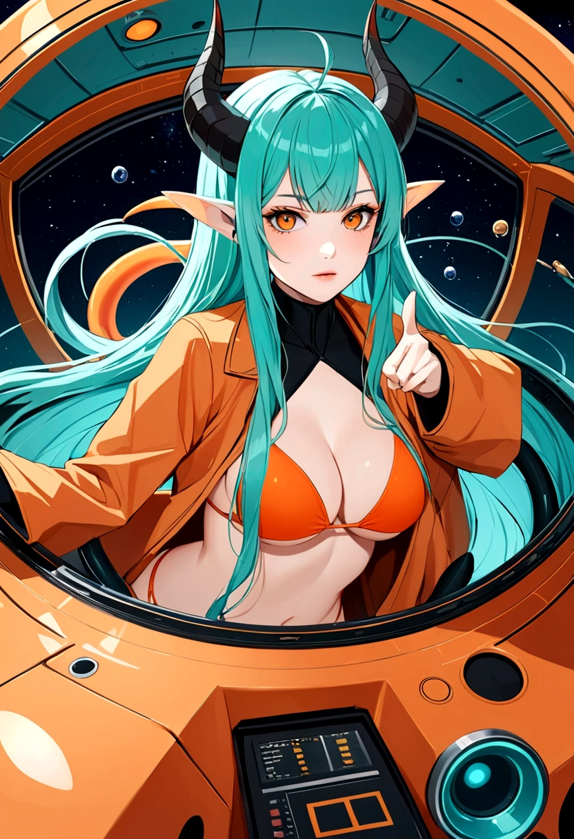 score_9, score_8_up, score_7_up,1 daemon woman, straight demon horns, (black horns),(upward-pointing horns) , vertical horns, black demon tail, (aquamarine hair),aquamarine green color hair,ahoge, long hair, (long hair),bangs, light orange bikini,bikini is orange, bikini orange, orange bikini!, (orange eyes), background is spaceship, orange eyes, 1woman ,facing viewer, daemon girl, bubbles, tube, close up,Well-endowed, alone,Spacecraft interior