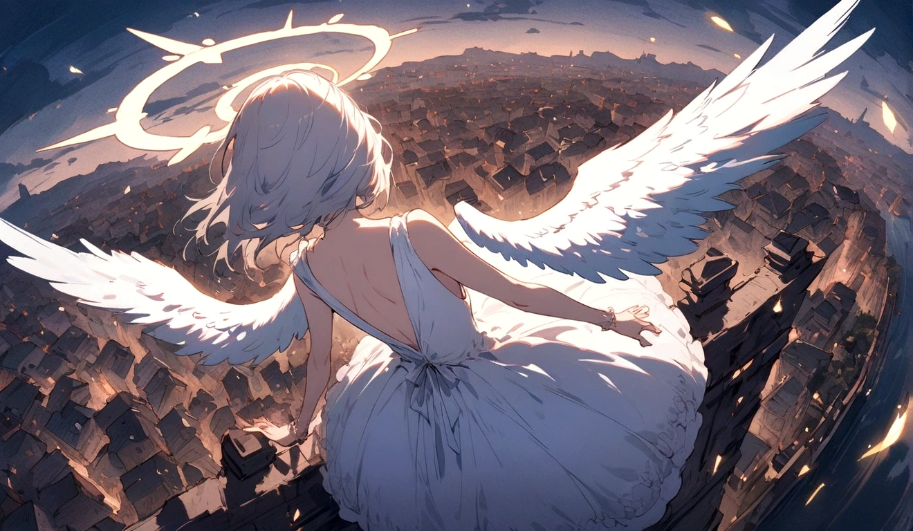 
One (Back view:1.5) A very beautiful female angel\(Long platinum hair, wide back white dress,(From her chest hangs big, beautiful angel wings.),Very beautiful shining halo\), She has her arms wide open as if asking for help., She&#39;s on the clouds、Looking down at the world below, Fierce war\((Lots of sparks and fire), fail, Fighter, Many buildings collapsed, Nature is destroyed, Magnificent and spectacular views\) It&#39;s happening under the clouds, BREOneK ,quality\(8K,非常に精細なCGユニットのwallpaper, masterpiece,High resolution,top-quality,top-quality real texture skin,Surreal,Increase the resolution,ROneW photos,最高quality,Very detailed,wallpaper,Cinema Lighting,Ray-tracing,Golden Ratio\),[Browsing Caution],Dynamic Angle,[Browsing Caution],From above