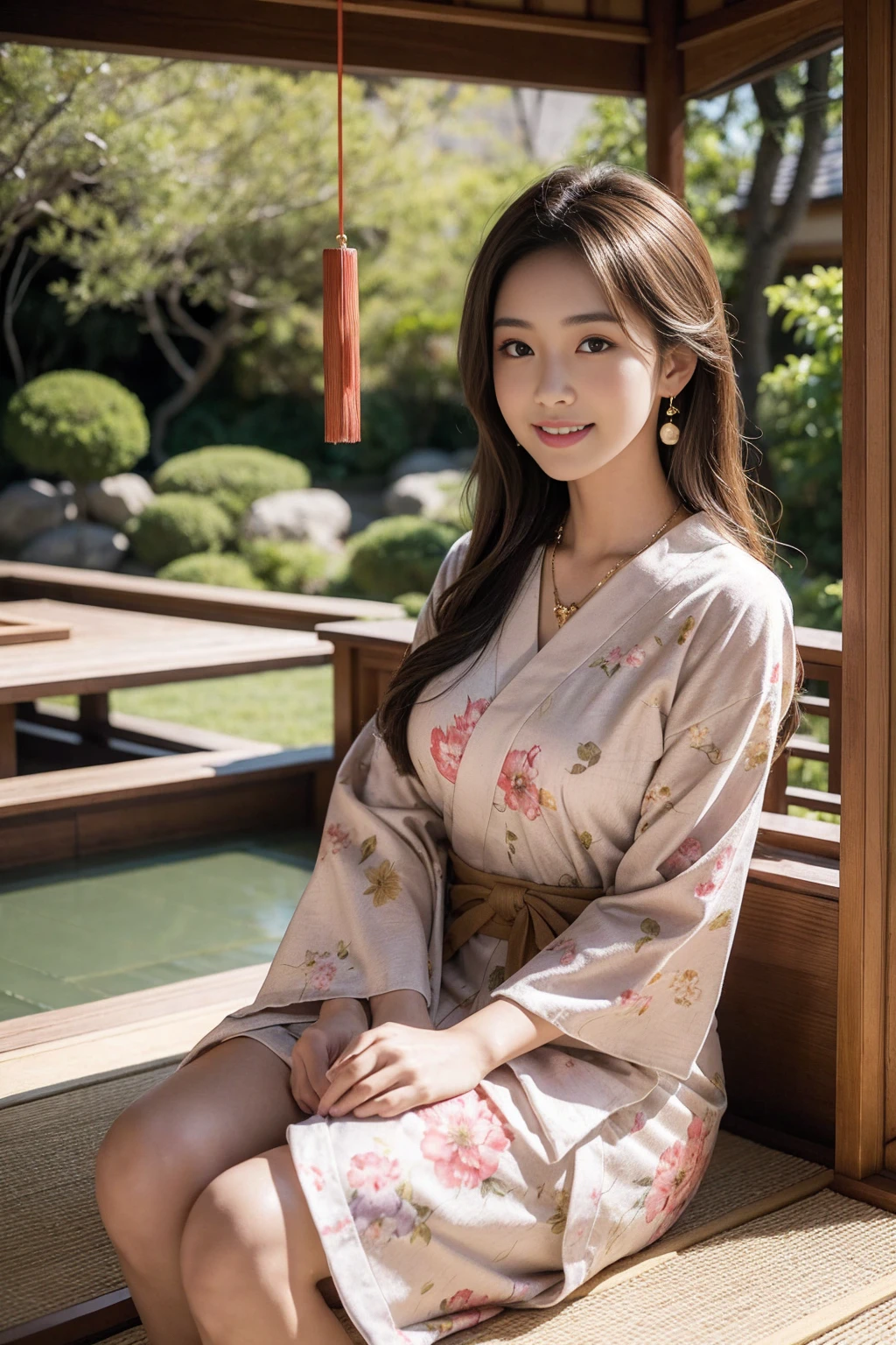 Highest quality,8K, Detailed facial depiction, Detailed description of the eyes,One Woman, Light brown hair(Medium-long hair),Beautiful Japanese Girl,24-years-old,Cute eyes,Cute Smile,Yukata beauty,Golden floral yukata,Slender body, Large, plump breast size, Long and beautiful legs,Smiling, Colorful earrings,necklace,Are standing,Beautiful nape,Japan tatami room,Feminine gestures,Dry landscape garden,wind chimes