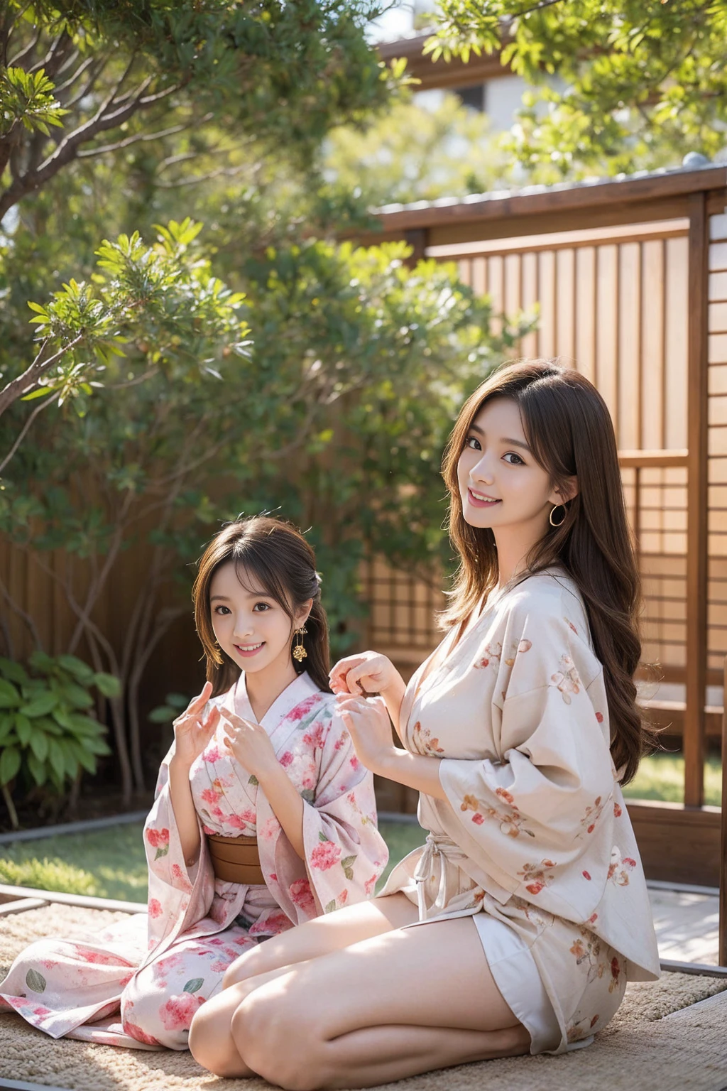 Highest quality,8K, Detailed facial depiction, Detailed description of the eyes,One Woman, Light brown hair(Medium-long hair),Beautiful Japanese Girl,24-years-old,Cute eyes,Cute Smile,Yukata beauty,Golden floral yukata,Slender body, Large, plump breast size, Long and beautiful legs,Smiling, Colorful earrings,necklace,Are standing,Beautiful nape,Japan tatami room,Feminine gestures,Dry landscape garden,wind chimes