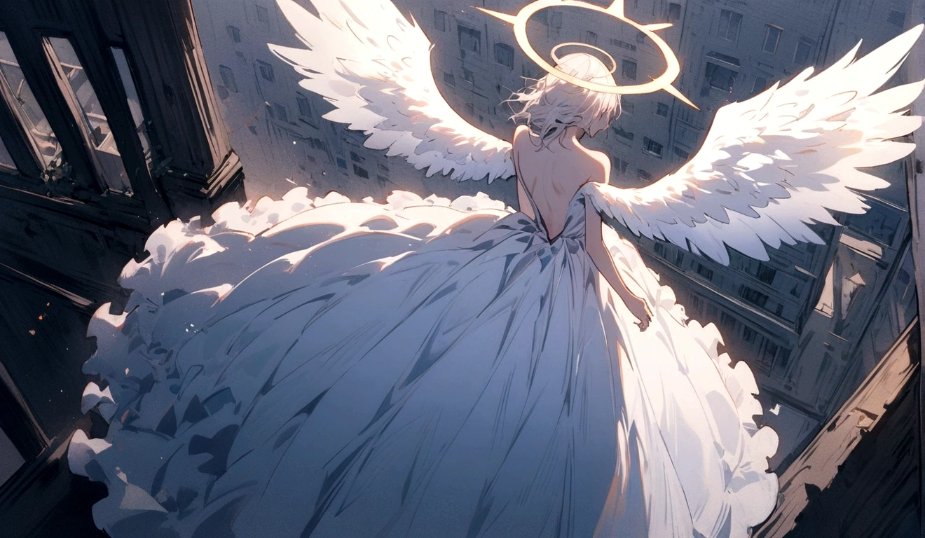 
One (Back view:1.5) A very beautiful female angel\(Long platinum hair, wide back white dress,(From her chest hangs big, beautiful angel wings.),Very beautiful shining halo\), She has her arms wide open as if asking for help., She&#39;s on the clouds、Looking down at the world below, Fierce war\((Lots of sparks and fire), fail, Fighter, Many buildings collapsed, Nature is destroyed, Magnificent and spectacular views\) It&#39;s happening under the clouds, BREOneK ,quality\(8K,非常に精細なCGユニットのwallpaper, masterpiece,High resolution,top-quality,top-quality real texture skin,Surreal,Increase the resolution,ROneW photos,最高quality,Very detailed,wallpaper,Cinema Lighting,Ray-tracing,Golden Ratio\),[Browsing Caution],Dynamic Angle,[Browsing Caution],From above