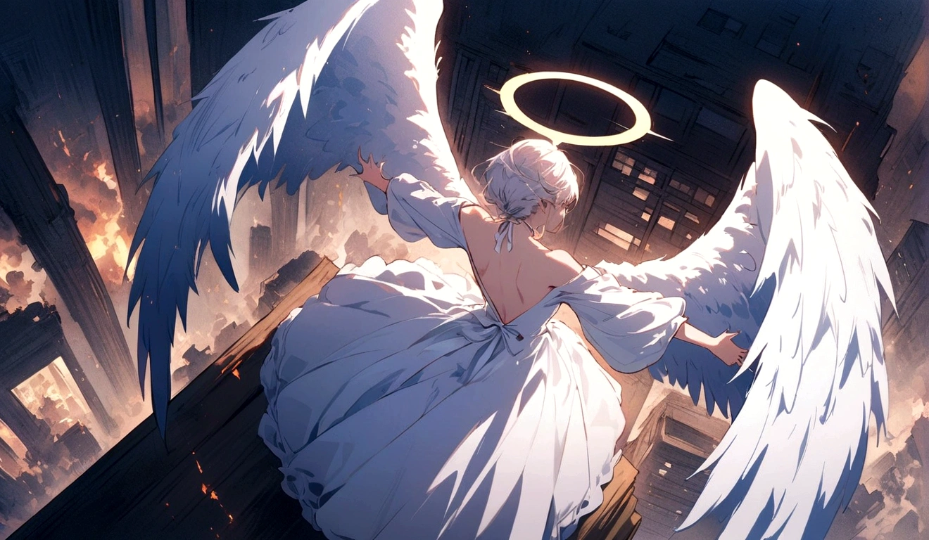 
One (Back view:1.5) A very beautiful female angel\(Long platinum hair, wide back white dress,(From her chest hangs big, beautiful angel wings.),Very beautiful shining halo\), She has her arms wide open as if asking for help., She&#39;s on the clouds、Looking down at the world below, Fierce war\((Lots of sparks and fire), fail, Fighter, Many buildings collapsed, Nature is destroyed, Magnificent and spectacular views\) It&#39;s happening under the clouds, BREOneK ,quality\(8K,非常に精細なCGユニットのwallpaper, masterpiece,High resolution,top-quality,top-quality real texture skin,Surreal,Increase the resolution,ROneW photos,最高quality,Very detailed,wallpaper,Cinema Lighting,Ray-tracing,Golden Ratio\),[Browsing Caution],Dynamic Angle,[Browsing Caution],From above