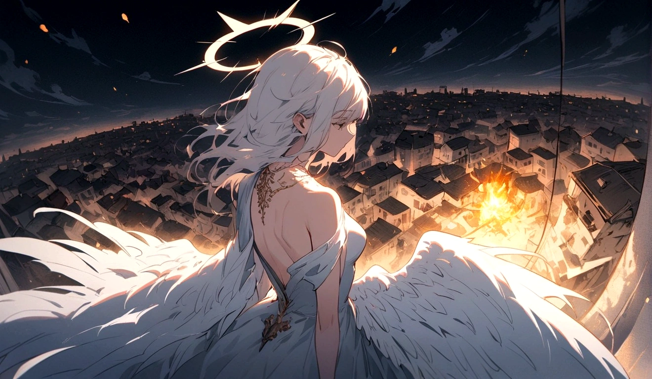 
One (Back view:1.5) A very beautiful female angel\(Long platinum hair, wide back white dress,(From her chest hangs big, beautiful angel wings.),Very beautiful shining halo\), She has her arms wide open as if asking for help., She&#39;s on the clouds、Looking down at the world below, Fierce war\((Lots of sparks and fire), fail, Fighter, Many buildings collapsed, Nature is destroyed, Magnificent and spectacular views\) It&#39;s happening under the clouds, BREOneK ,quality\(8K,非常に精細なCGユニットのwallpaper, masterpiece,High resolution,top-quality,top-quality real texture skin,Surreal,Increase the resolution,ROneW photos,最高quality,Very detailed,wallpaper,Cinema Lighting,Ray-tracing,Golden Ratio\),[Browsing Caution],Dynamic Angle,[Browsing Caution],From above
