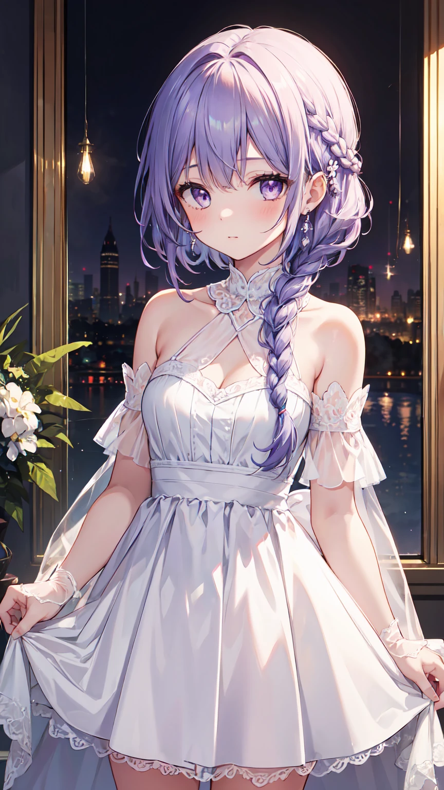 1 girl,High resolution, high quality, masterpiece, mxmk white dress, Bare shoulders, Purple Eyes, White dress, braid