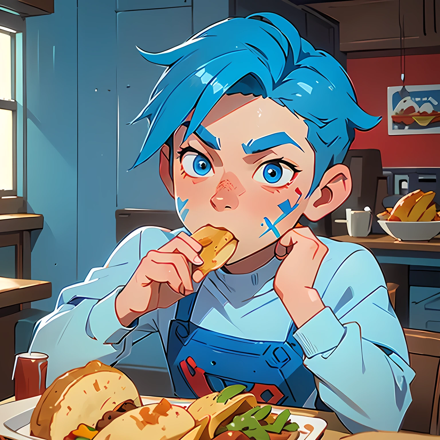 1boy, playful young teen, spiky blue hair, blue eyes, ((red and white face painting), cafe, eating taco, warm, high definition, hdr, 8k