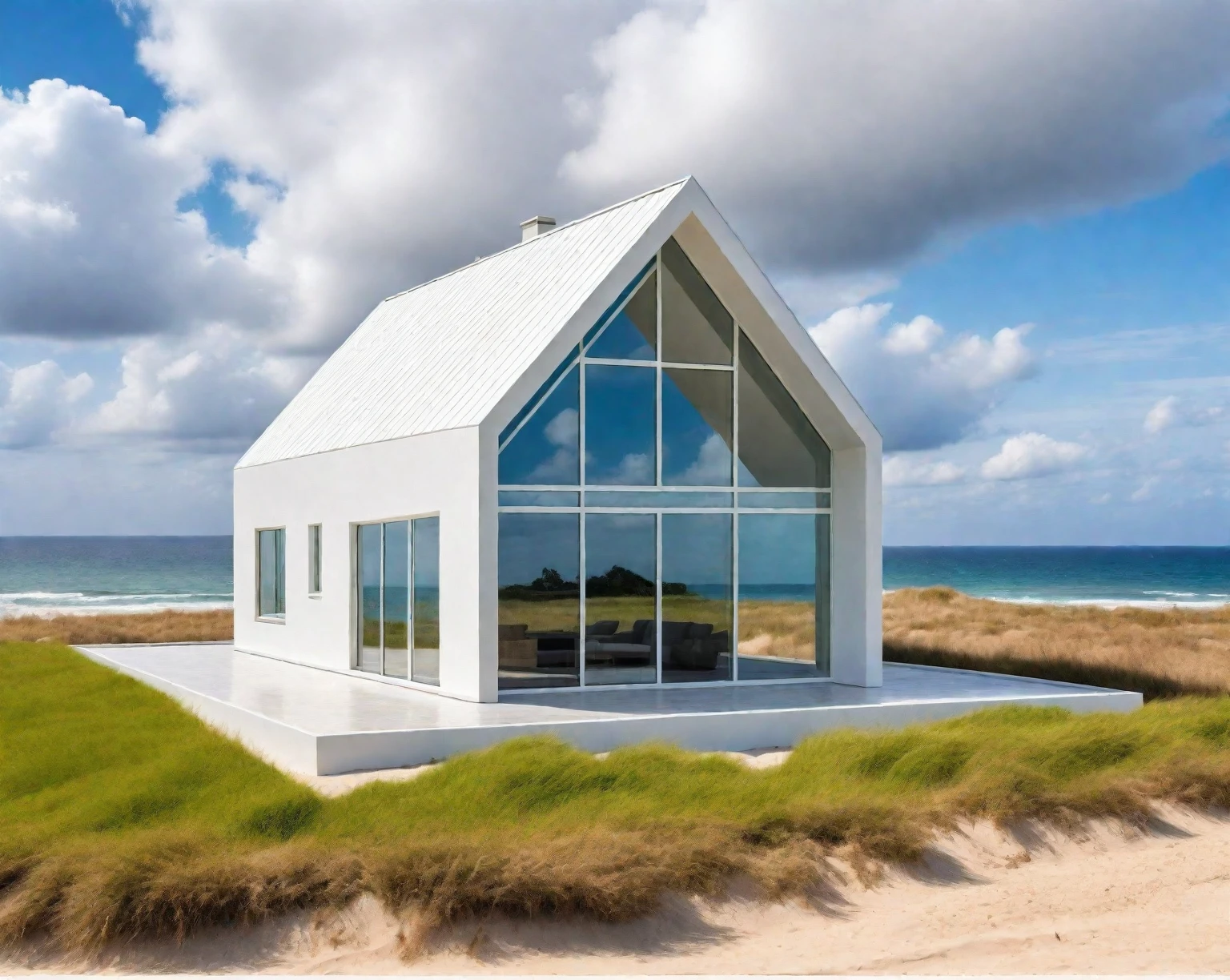 Raw photo, Masterpiece, high quality, best quality, authentic, super detail,
outdoors, house style modern, white wall, glass windows, roof, beach
road, grass, trees, sky, cloud, daylight:2.2), vivid colors, (realistic:2.3),