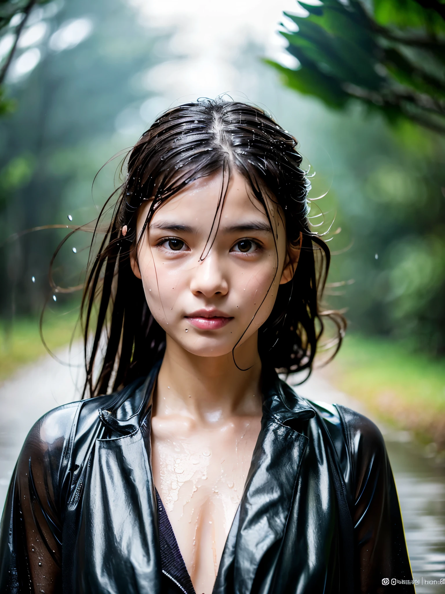 Wet roads ,drenched, Dripping, Wet Face,Wet clothes, Wet Skin, Wet Hair,A young woman with a cute face like an idol,chest,((Daytime)),(Natural light),(High level of artistry),(Artistic),(Quality indistinguishable from real life),RAW Photos,Genuine,Genuine,High resolution,RAW Photos,masterpiece, beautiful