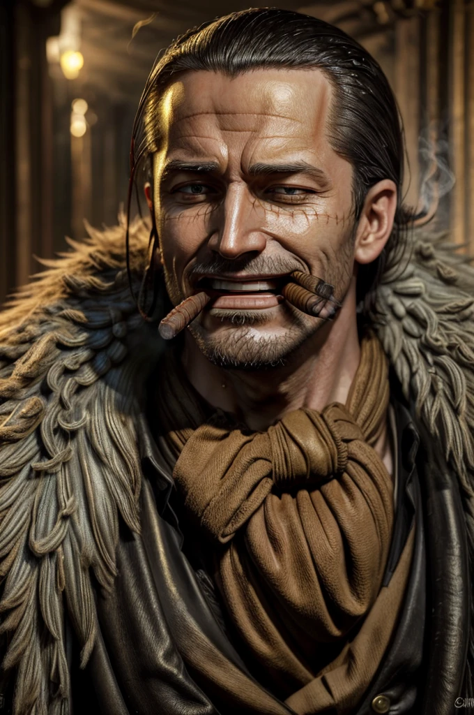 masterpiece, best quality, extremely detailed, hyperrealistic, photorealistic, a cool 40s man, ultra detailed face:1.3, fur-trimmed coat, scarf around the neck, his left hand is a golden pirate hook, smoking, smoke, cigar, laughing, detailed underground basement, extreme close-up shot