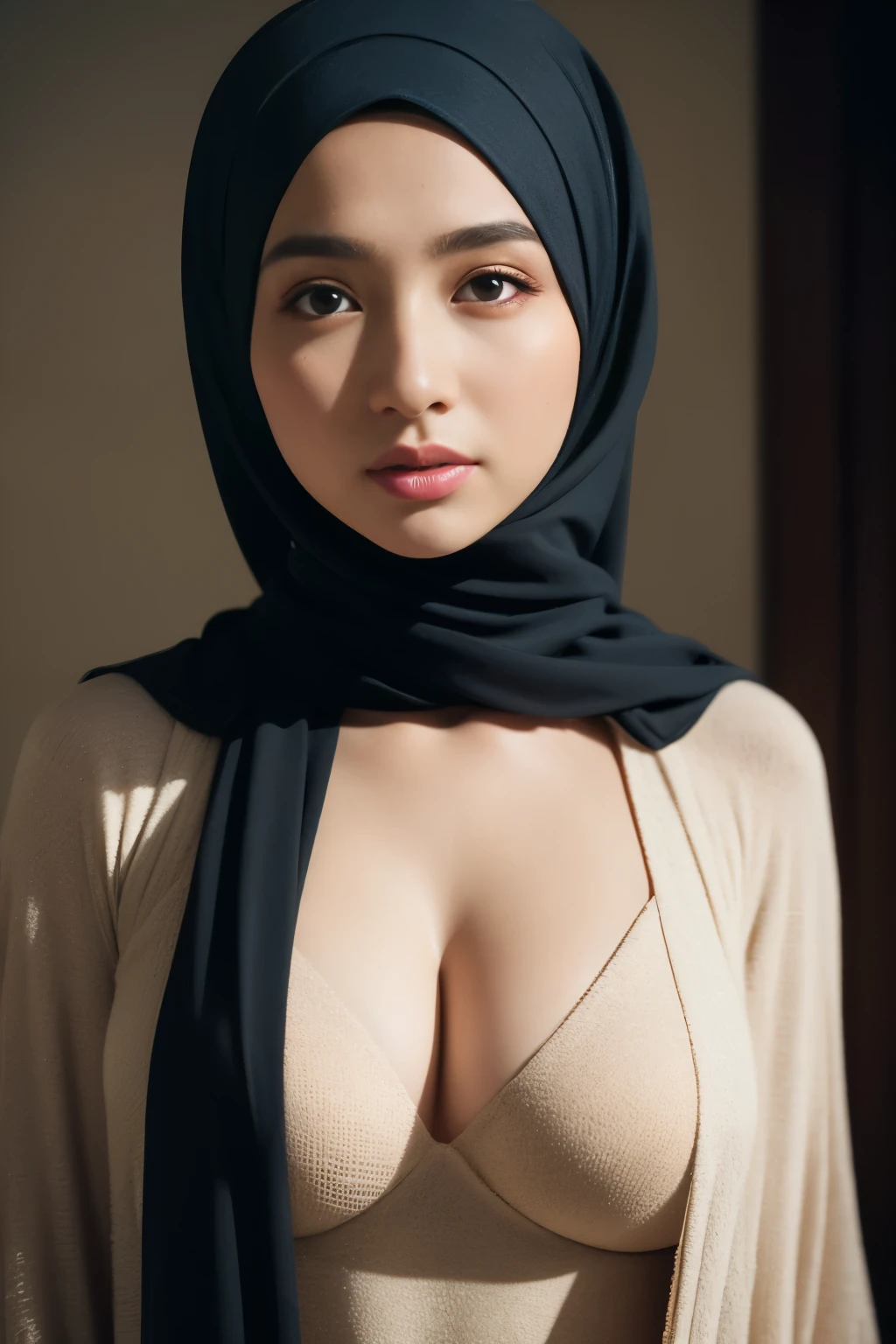 Beautiful fair skin matured indonesia girl in hijab sleep in bed, at manager boss room, innocent horny sexy face, 30 years old, horny pose, ultra detail face, detail skin texture and wrinkle, night time with light, wearing hijab, khaki color hijab, medium breast, flat chest, wide waist, thick thighs, bright lighting, white lighting, dramatic lighting, high quality, cinematic movie shot angle and framing, wear bracelet or watch in both hand, wear gold luxury necklace, seductive face, seductive lips, wet lips, horny face, spreading leg, squirting wet vagina, virgin pussy, orgasm vagina, focus on camera, wear  khaki blazer , missionary position, shot from above, wear uplifted long plisket skirt, khaki long skirt, hijab and cloth matching color,