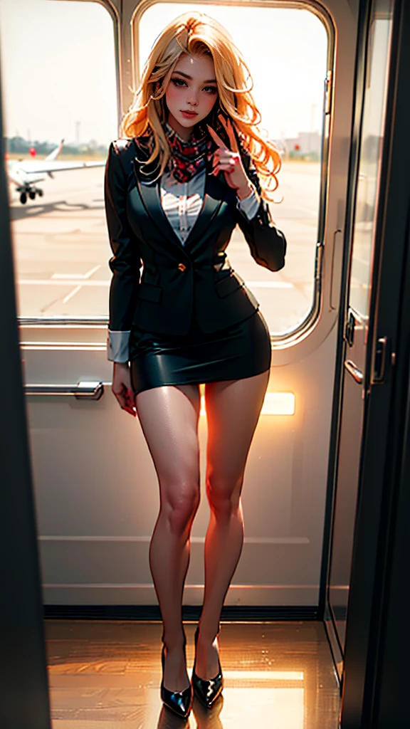 (ultra-detailed, photorealistic, best quality, 4k, 8k, highres, masterpiece:1.3), Elin Andersson, stunning flight attendant, tall and slender, long wavy golden blonde hair, loose curls, bright green eyes, captivating, friendly, provocative red velvet uniform, matching blazer jacket, short pencil skirt, black stockings, black high heels, silk scarf, side cap, friendly and approachable demeanor, radiant smile, sleek modern private jet on tarmac, elite flight attendant, sophisticated, professional appearance, elegance, luxurious environment, ((intricate detail, super finely detailed hands, ultra finely detailed fingers, full body showcase, show full body)).