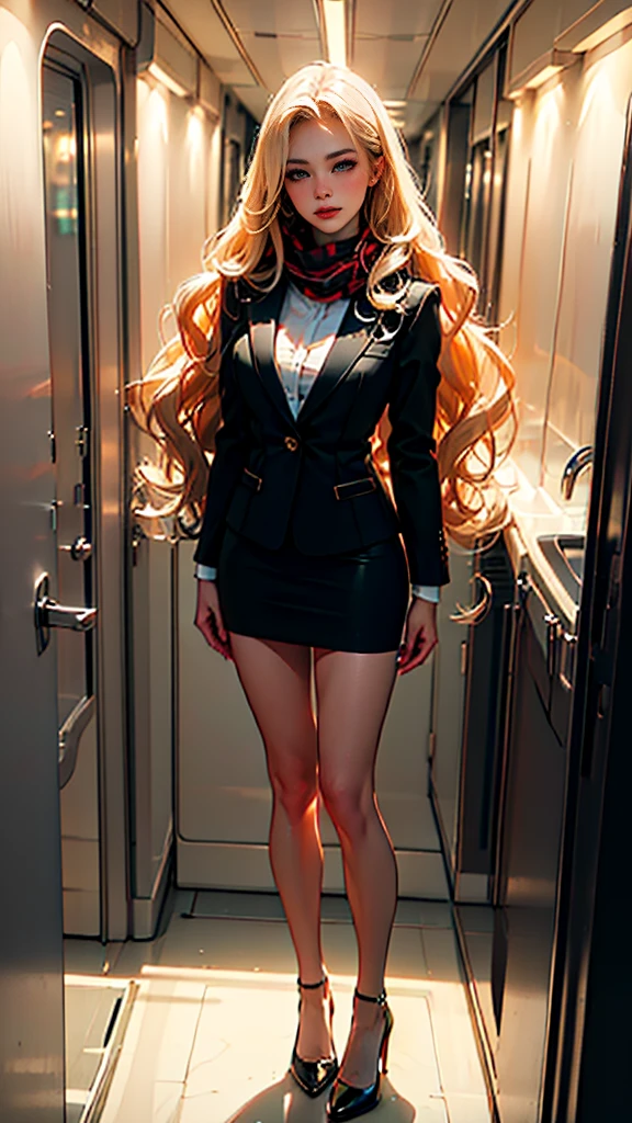 (ultra-detailed, photorealistic, best quality, 4k, 8k, highres, masterpiece:1.3), Elin Andersson, stunning flight attendant, tall and slender, long wavy golden blonde hair, loose curls, bright green eyes, captivating, friendly, provocative red velvet uniform, matching blazer jacket, short pencil skirt, black stockings, black high heels, silk scarf, side cap, friendly and approachable demeanor, radiant smile, sleek modern private jet on tarmac, elite flight attendant, sophisticated, professional appearance, elegance, luxurious environment, ((intricate detail, super finely detailed hands, ultra finely detailed fingers, full body showcase, show full body)).