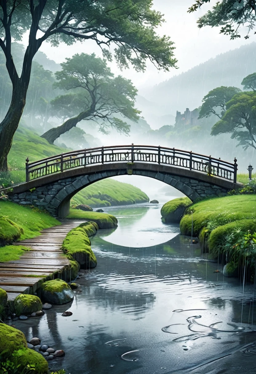 A touching scene on a picturesque bridge during a rainy day, The bridge, made of old stone with ornate railings, stretches over a calm river, with raindrops creating ripples on the water's surface. The background showcases a misty, lush landscape with trees and distant hills, adding a romantic and serene ambiance to the scene. The overall mood is one of care, compassion, and serene beauty, rain