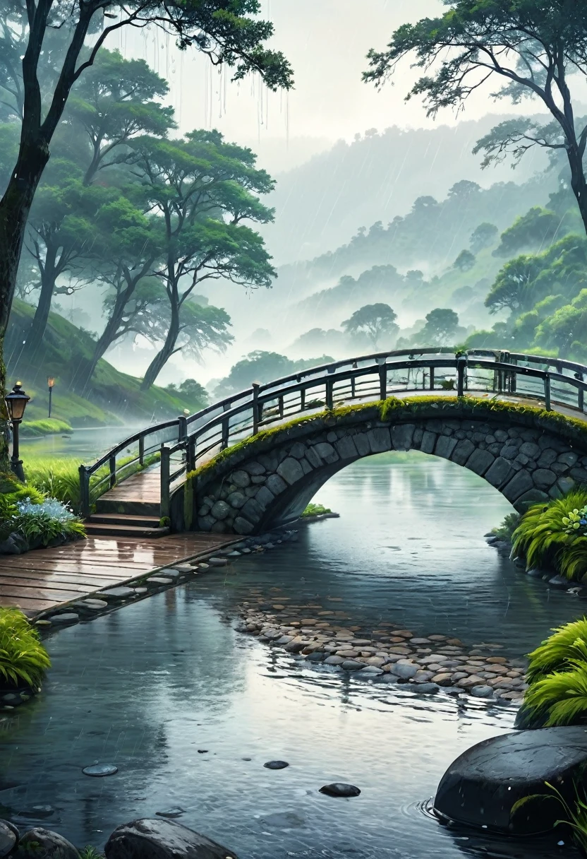 A touching scene on a picturesque bridge during a rainy day, The bridge, made of old stone with ornate railings, stretches over a calm river, with raindrops creating ripples on the water's surface. The background showcases a misty, lush landscape with trees and distant hills, adding a romantic and serene ambiance to the scene. The overall mood is one of care, compassion, and serene beauty, rain