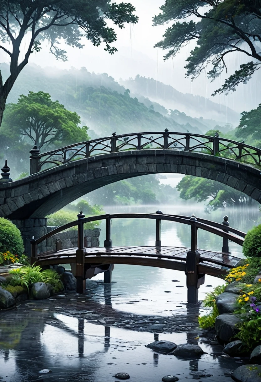 A touching scene on a picturesque bridge during a rainy day, The bridge, made of old stone with ornate railings, stretches over a calm river, with raindrops creating ripples on the water's surface. The background showcases a misty, lush landscape with trees and distant hills, adding a romantic and serene ambiance to the scene. The overall mood is one of care, compassion, and serene beauty, rain