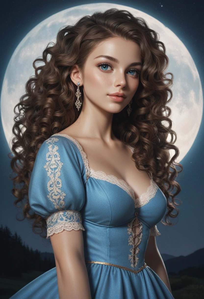 score_9, score_8_up, score_7_up, score_6_up, rating:safe, 1girl, solo, black_hair, wavy_hair, jewelry, dress, blue_eyes, earrings, long_hair, looking_at_viewer, curly_hair, upper_body, lips, lace, blue_dress, (night:1.3), cxqz8r, medieval_dress, medieval_landscape, fullmoon, rpg, hair_over_breasts, hair_censor