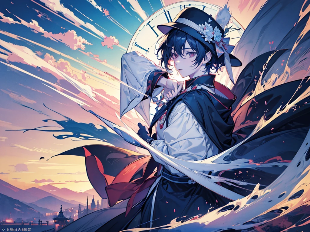 anime character boy with hat and cape standing in front of a clock, zerochan art, key anime art, kawacy, anime art wallpaper 4k, anime art wallpaper 4 k, anime art wallpaper 8 k, zerochan, best anime 4k konachan wallpaper, anime wallaper, 4k anime wallpaper, shigenori soejima illustration, anime wallpaper 4 k