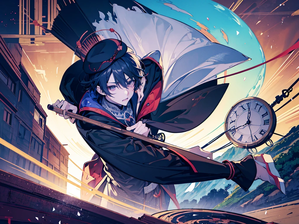 anime character boy with hat and cape standing in front of a clock, zerochan art, key anime art, kawacy, anime art wallpaper 4k, anime art wallpaper 4 k, anime art wallpaper 8 k, zerochan, best anime 4k konachan wallpaper, anime wallaper, 4k anime wallpaper, shigenori soejima illustration, anime wallpaper 4 k