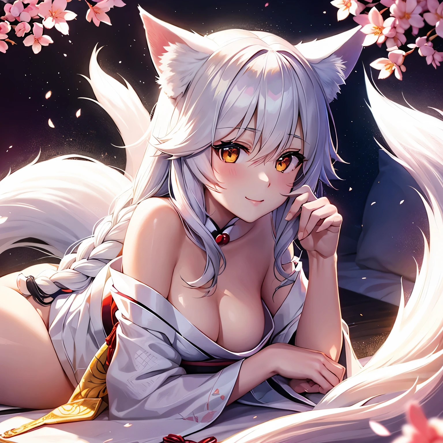 1 Girl, ash hair, kitsune, white fox ears, white fox tail, half open white kimono, but bed, awkward gesture, medium breasts
