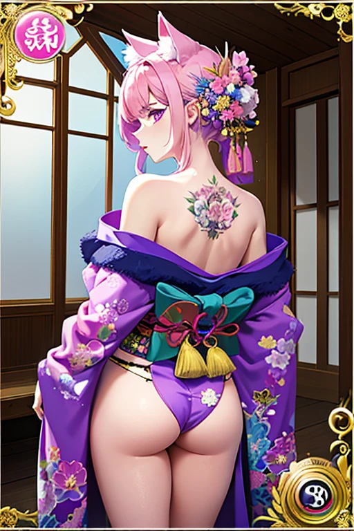 (masterpiece, Highest quality, Highest quality, Official Art, beautifully、aesthetic:1.2),One girl, tattoo, alone, kimono, hair ornaments, Pink Hair, back tattoo, Violet Eyes, Off the shoulder, Bare shoulders, Recall, From behind, flower, View your viewers, Holding, compensate, indoor, Pink cat ears, Plump Ass, no panties