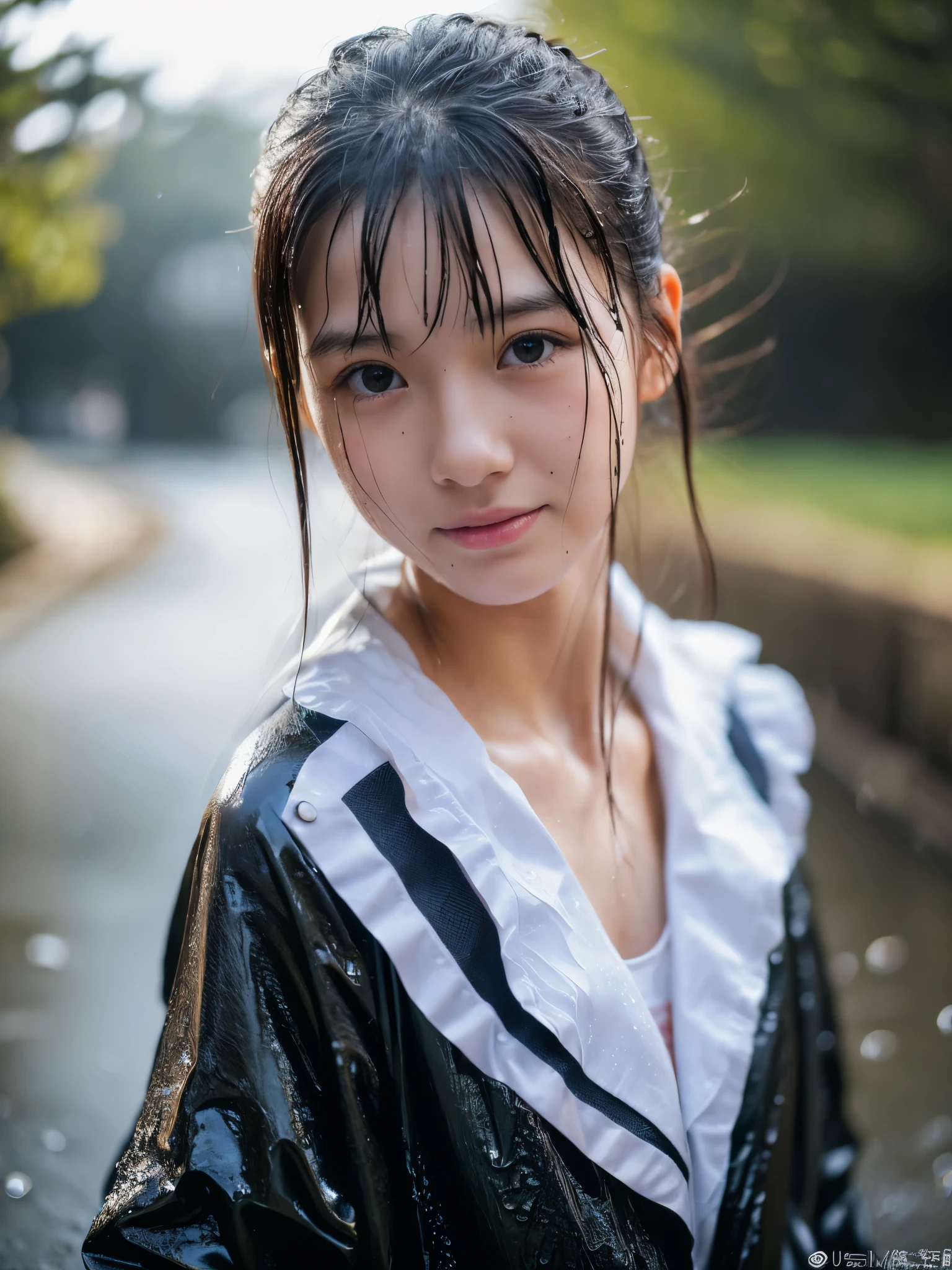Wet roads ,drenched, Dripping, Wet Face,Wet clothes, Wet Skin, Wet Hair,A young woman with a cute face like a Japanese idol,chest,((Daytime)),(Natural light),(High level of artistry),(Artistic),(Quality indistinguishable from real life),RAW Photos,Genuine,Genuine,High resolution,RAW Photos,masterpiece, beautiful