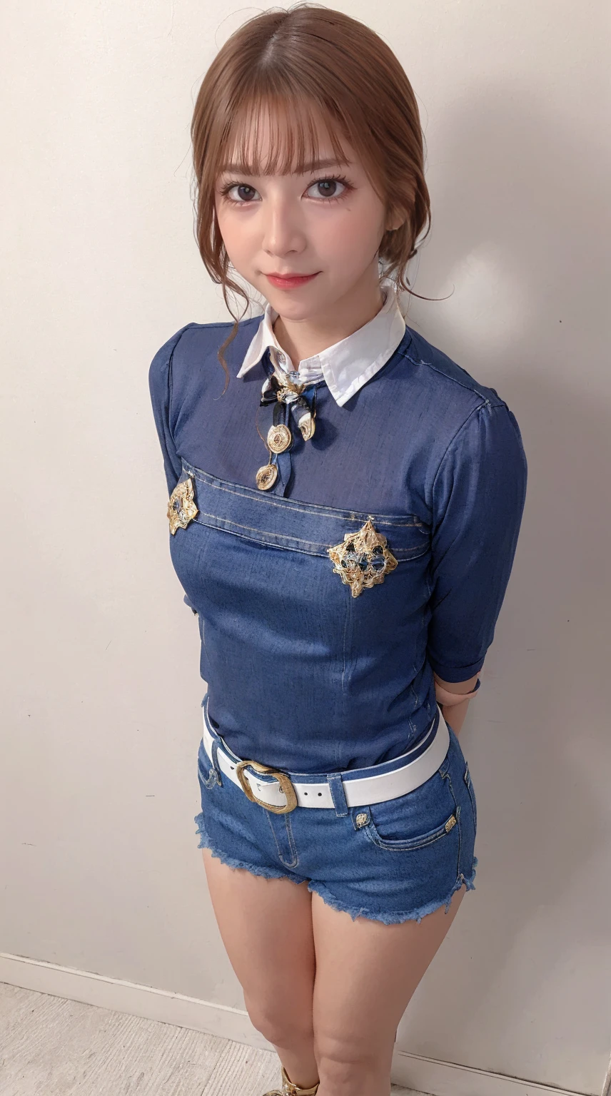 masterpiece, best quality, 4K, ultra-detailed, photorealistic, (1 girl), ((arms at sides)), (full body), (A fascinating eye for perfect detail:1.2), (smile), ((center parted hair)), (medium brown hair), ((white collared shirt)), (denim shorts), (black belt with gold buckle), (standing), (front view)