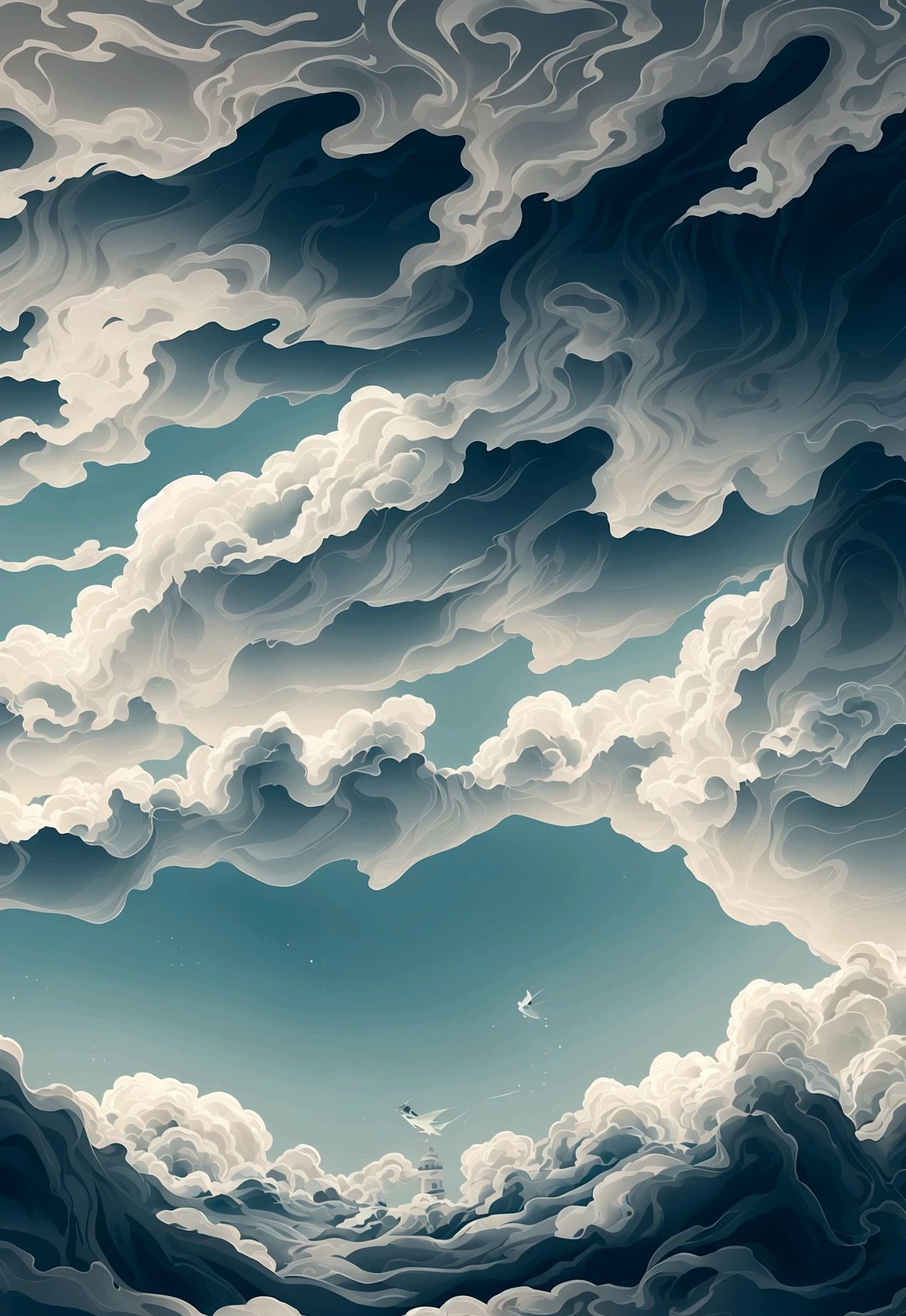 Generate a scene with a cliff and a sea of clouds below