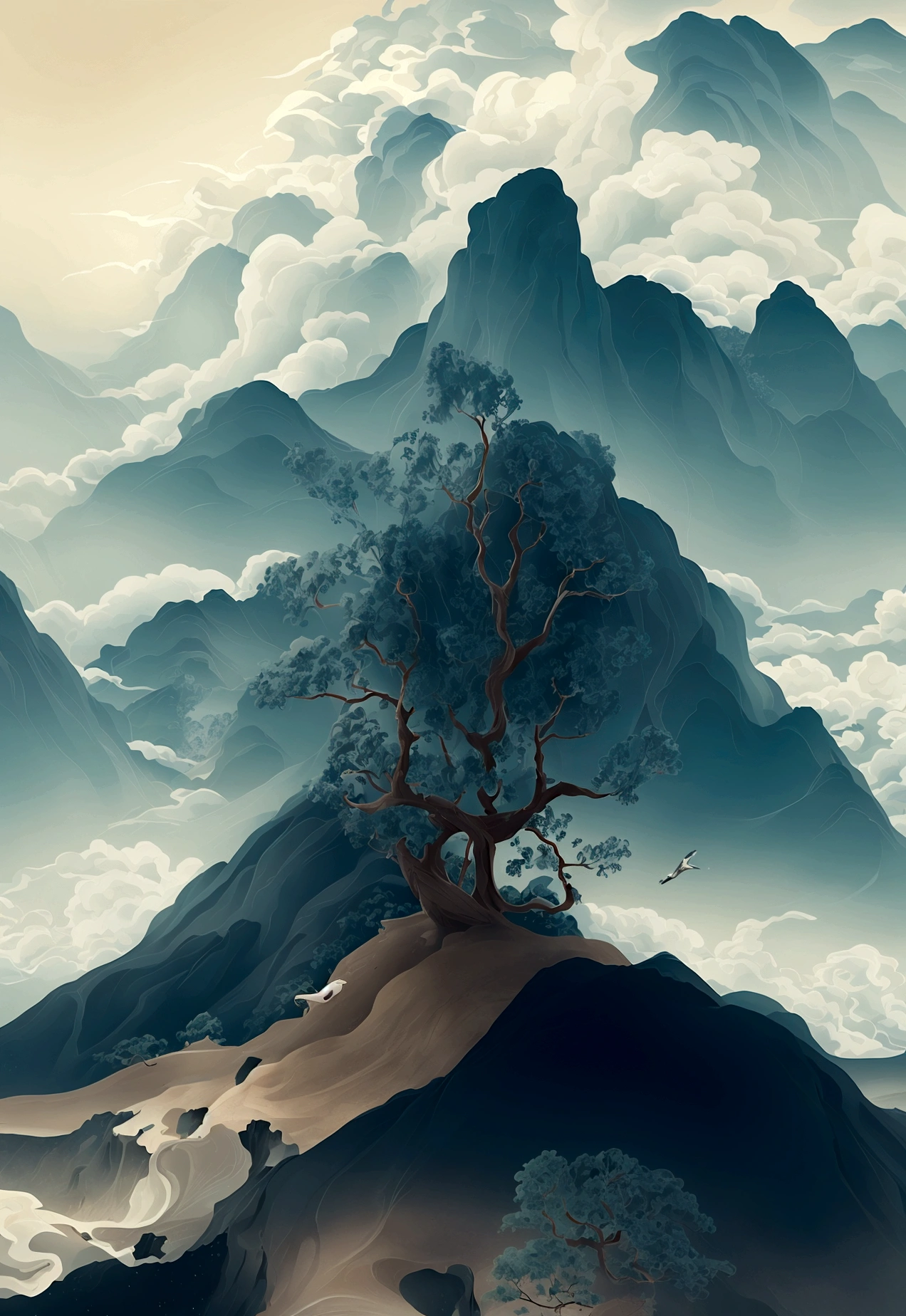 Generate a scene with a cliff and a sea of clouds below