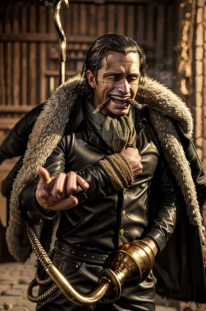 masterpiece, best quality, extremely detailed, hyperrealistic, photorealistic, a cool 40s man, ultra detailed face:1.3, fur-trimmed coat, scarf around the neck, his left hand is a golden pirate hook, smoking, cigar, laughing, detailed underground basement, extreme close-up shot