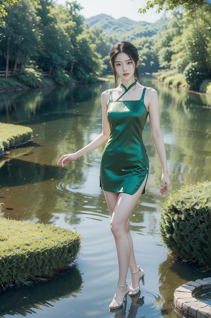 (((best quality))),(((ultra detailed))),(((masterpiece))),illustration,1 beautiful girl,slim,flat chest,short red qipao,bare arms,slender legs,pantyhose,green paddy pool,standing,in water,elegant, high heels, clear sky, sunlight, dreamy, contrast, natural,Chinese rural landscape,The upper body above the chest is above the water surface,