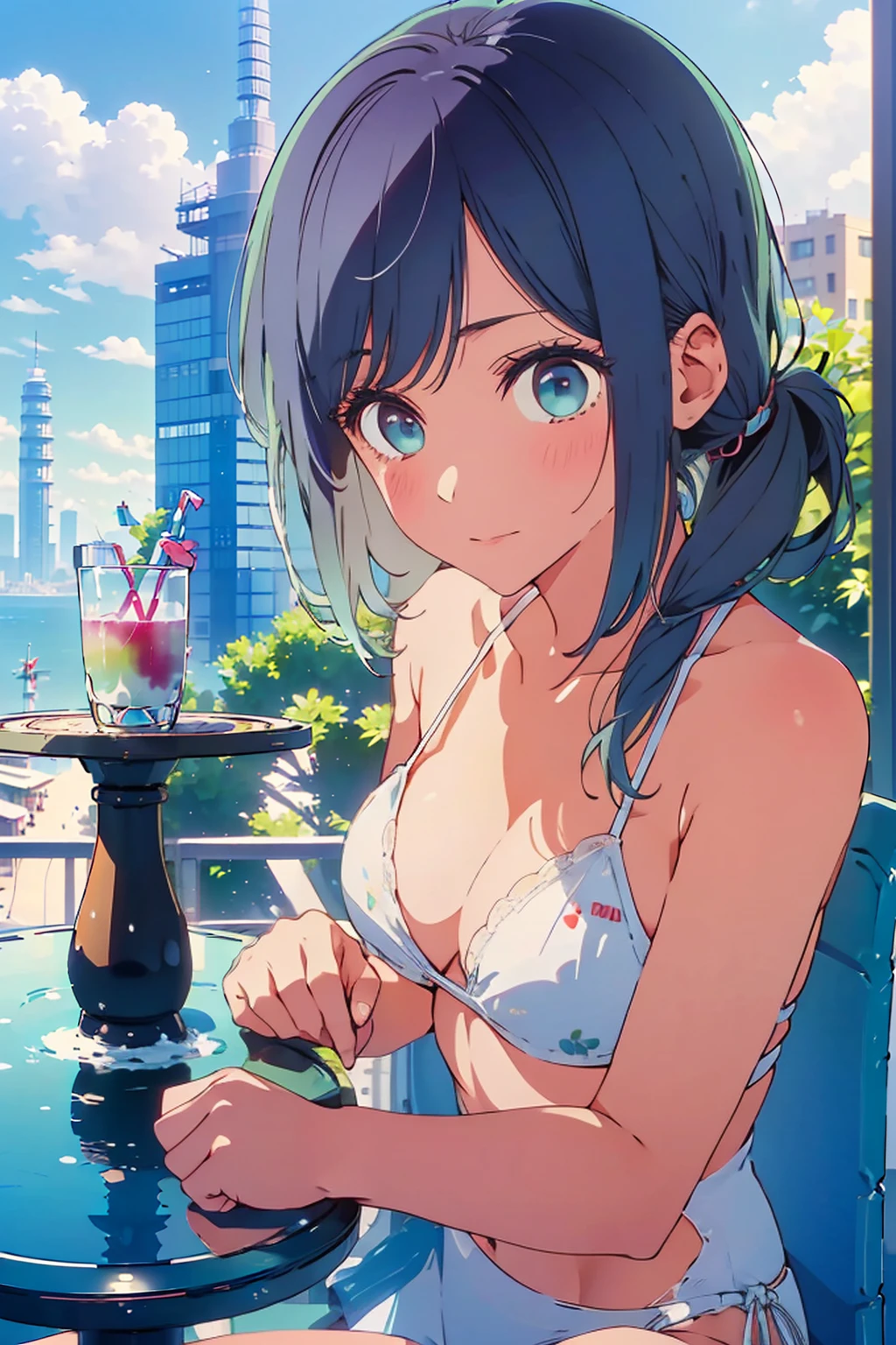 (Highest quality:1.4、8K:1.4、detailed)、F cup bust、Big Breasts、Slim body、Very white beautiful skin、((((1 person、Surprised expression、sit、Chair、In the background are the urban buildings of Tokyo、looking at the camera、Outdoor café terrace、coastal、Navy hair color、juice、White side string high leg bikini、Shooting up close、table、Very cute face))))、(Pose of putting hair behind ears with hands:1.4、Low ponytail:1.4)、Very blue sky、A completely cloudless sky
