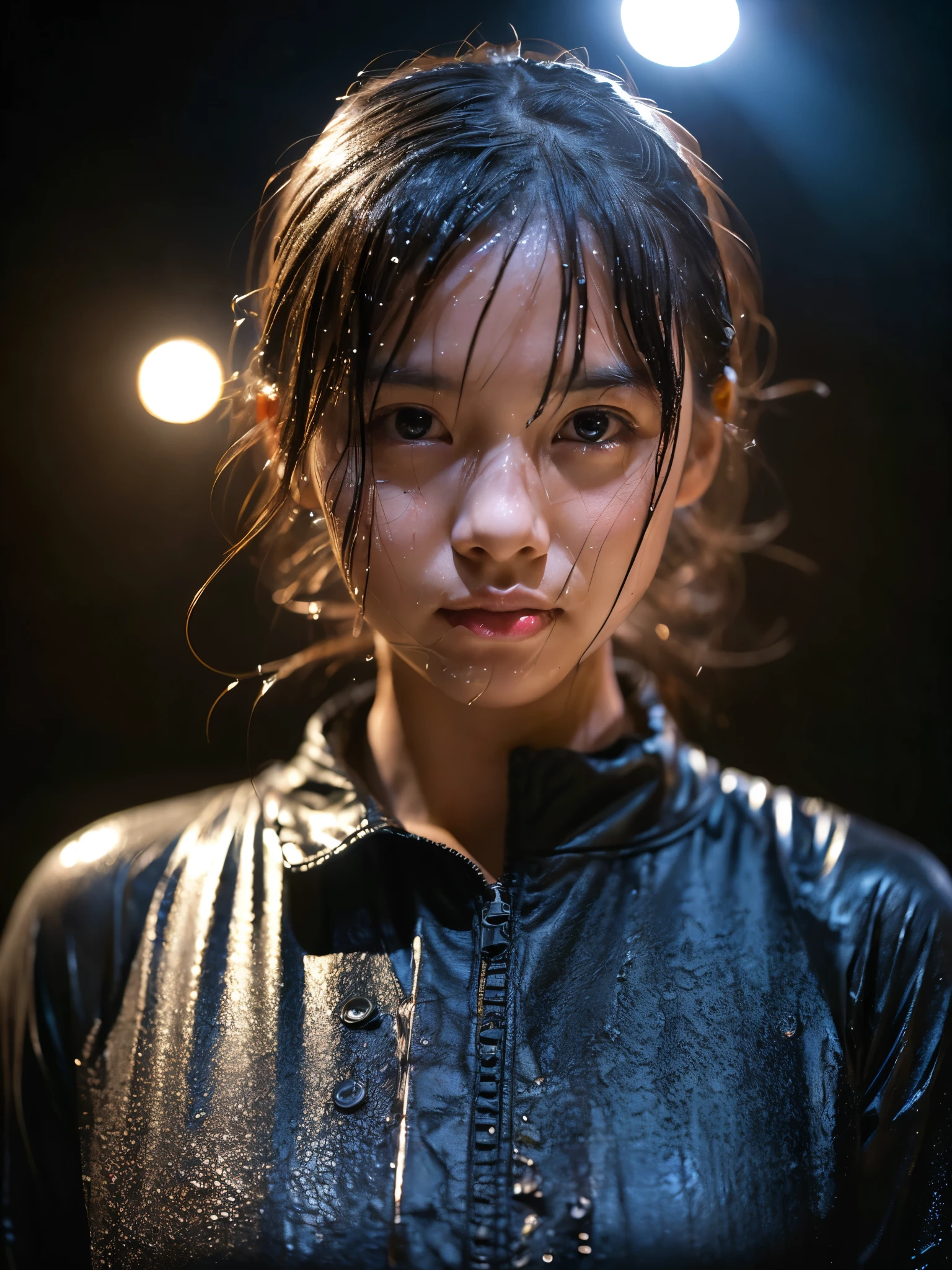 Wet roads ,drenched, Dripping, Wet Face,Wet clothes, Wet Skin, Wet Hair,A young woman with a cute face like a Japanese idol,chest,((Cinema lighting),(Natural light),(High level of artistry),(Artistic),(Quality indistinguishable from real life),RAW Photos,Genuine,Genuine,High resolution,RAW Photos,masterpiece, beautiful
