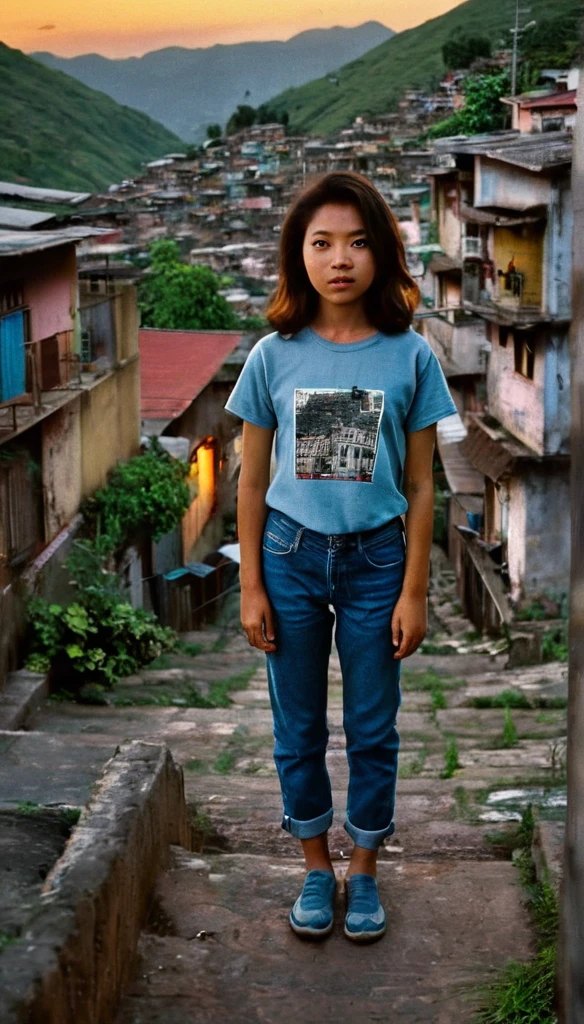 Wide lens, Centered, extreme high angle photo taken from above of her, a realistic photo of a young asian woman with oversized t shirt and denim pants, perfect body, looking directly at the camera, stands on the peak of alley between rows of houses at a favella, slum, background is favella downhill, shot with kodak portra 160 film, cinematic, silhouette lighting and lighting from the houses below, vintage color grading, sunset, dark
