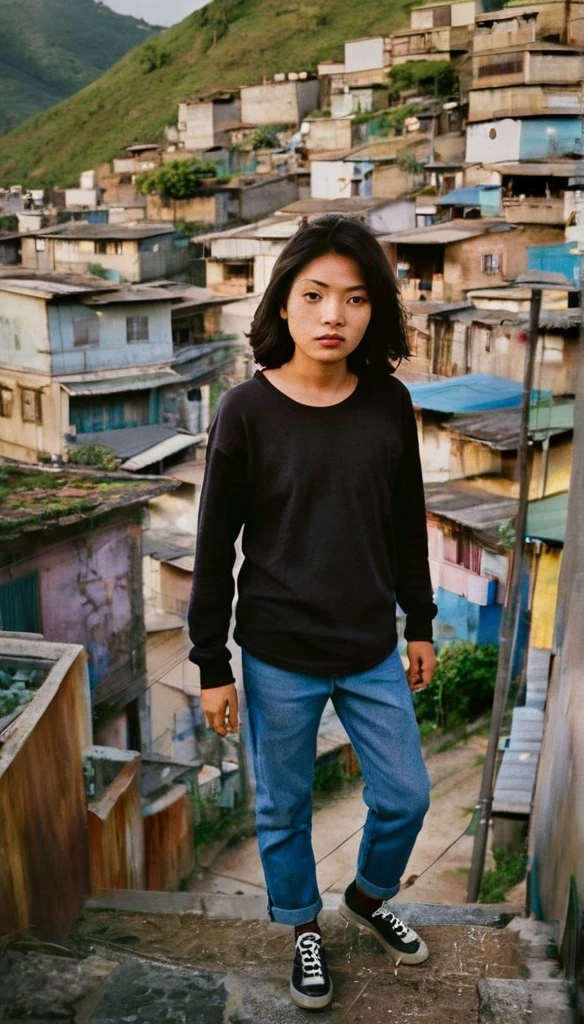 Wide lens, Centered, extreme high angle photo taken from above of her, a realistic photo of a young asian woman with oversized t shirt and denim pants, perfect body, looking directly at the camera, stands on the peak of alley between rows of houses at a favella, slum, background is favella downhill, shot with kodak portra 160 film, cinematic, silhouette lighting and lighting from the houses below, vintage color grading, sunset, dark