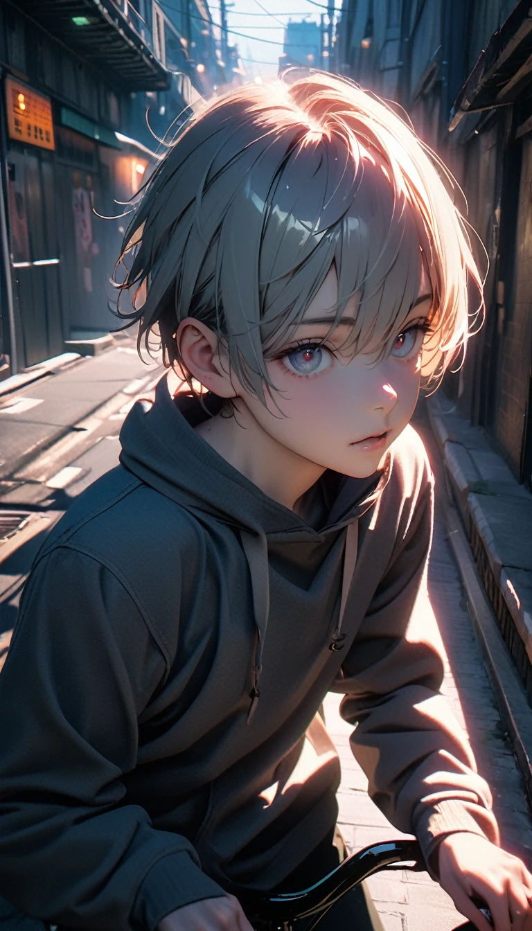 (8K, RAW photos, best quality, masterpiece: 1.4), (((Boy on bike))),Ultra-high resolution, Extremely detailed, light, closeup of arms, handsome boy, black eyes, (delicate eyes, Eyes are bright:1.2), Gray short hair, Fair skin,dark, Grey sweatshirt, sweatshirt with hood,(perfect anatomy:1.2), High-quality shadows, Natural Lighting, (White highlights:1.2), night, cloudy day, (Alley:1.2), (River bridge:1.2)