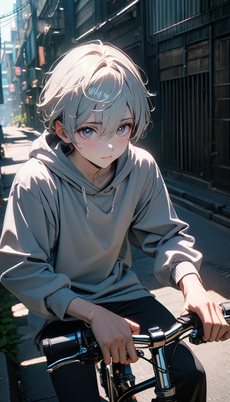(8K, RAW photos, best quality, masterpiece: 1.4), (((Boy on bike))),Ultra-high resolution, Extremely detailed, light, closeup of arms, handsome boy, black eyes, (delicate eyes, Eyes are bright:1.2), Gray short hair, Fair skin,dark, Grey sweatshirt, sweatshirt with hood,(perfect anatomy:1.2), High-quality shadows, Natural Lighting, (White highlights:1.2), night, cloudy day, (Alley:1.2), (River bridge:1.2)