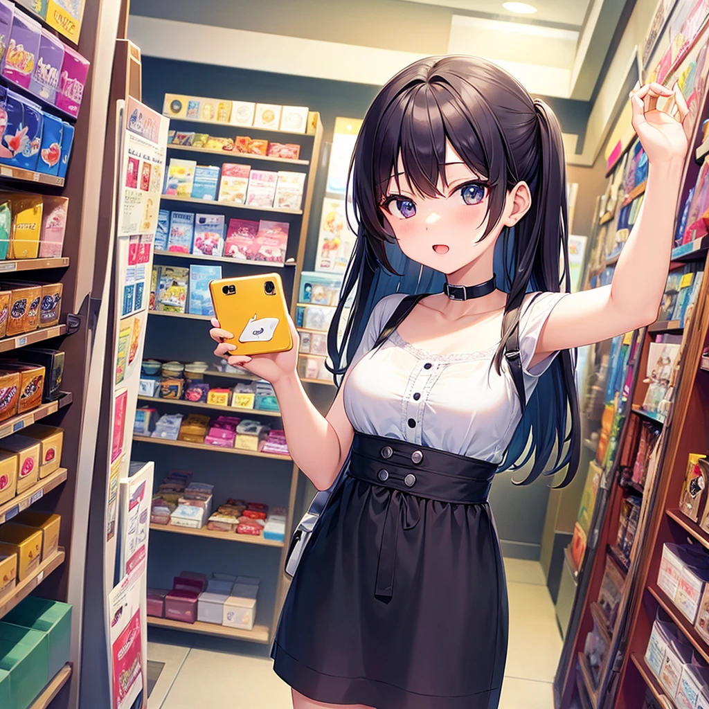 Fish eye filter An anime girl taking a selfie with a while in a store
