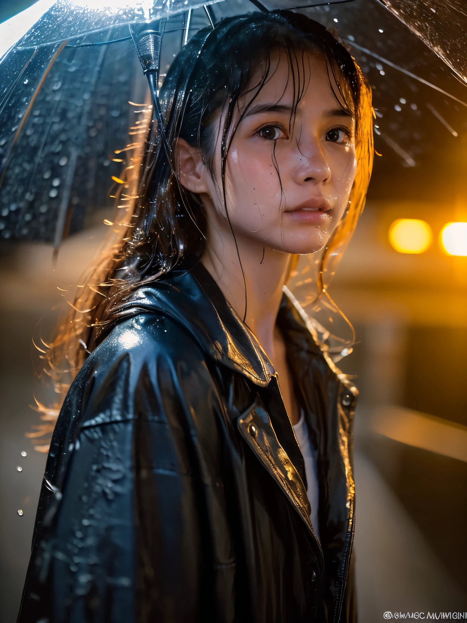 Wet roads ,drenched, Dripping, Wet Face,Wet clothes, Wet Skin, Wet Hair,A young woman with a cute face like a Japanese idol,chest,((Cinema lighting),(Natural light),(High level of artistry),(Artistic),(Quality indistinguishable from real life),RAW Photos,Genuine,Genuine,High resolution,RAW Photos,masterpiece, beautiful