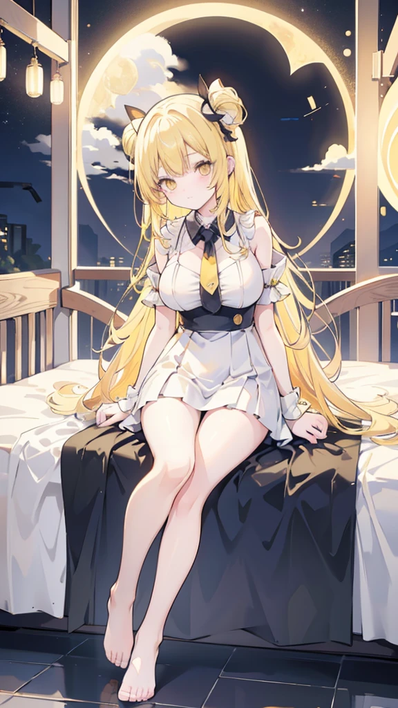 masterpiece, best quality, high resolution, best illustration, super fine illustration, (official art:0.8), (anime screencap:1.2), detailed beautiful face and eyes, anime keyvisual, (perfect anatomy:1.2), 8k portrait, (detail focus fingers:1.5), nsfw, (seductive pose:1.2),
1girl,
long hair, ponytail, x hair ornament,
blonde hair,
(blue eyes:1.2),
large breasts,
(blush:1.5), nurse, nurse cap, breast pocket, collared dress, short dress, short sleeves, thighs, white dress, white headwear,
cowboy shot,
natural light, background of indoor, (lie on the bed:1.2),