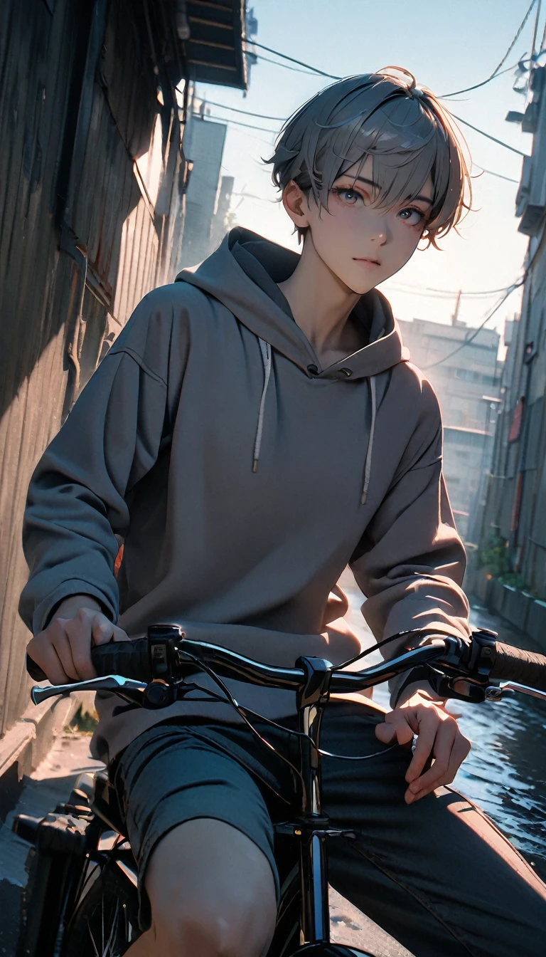 (8K, RAW photos, best quality, masterpiece: 1.4), (((Boy on bike)))，Ultra-high resolution, Extremely detailed, light, closeup of arms, handsome boy, black eyes, (delicate eyes, Eyes are bright:1.2), Gray short hair, Fair skin,dark, Grey sweatshirt, sweatshirt with hood,(perfect anatomy:1.2), High-quality shadows, Natural Lighting, (White highlights:1.2), night, cloudy day, (Alley:1.2), (River bridge:1.2)