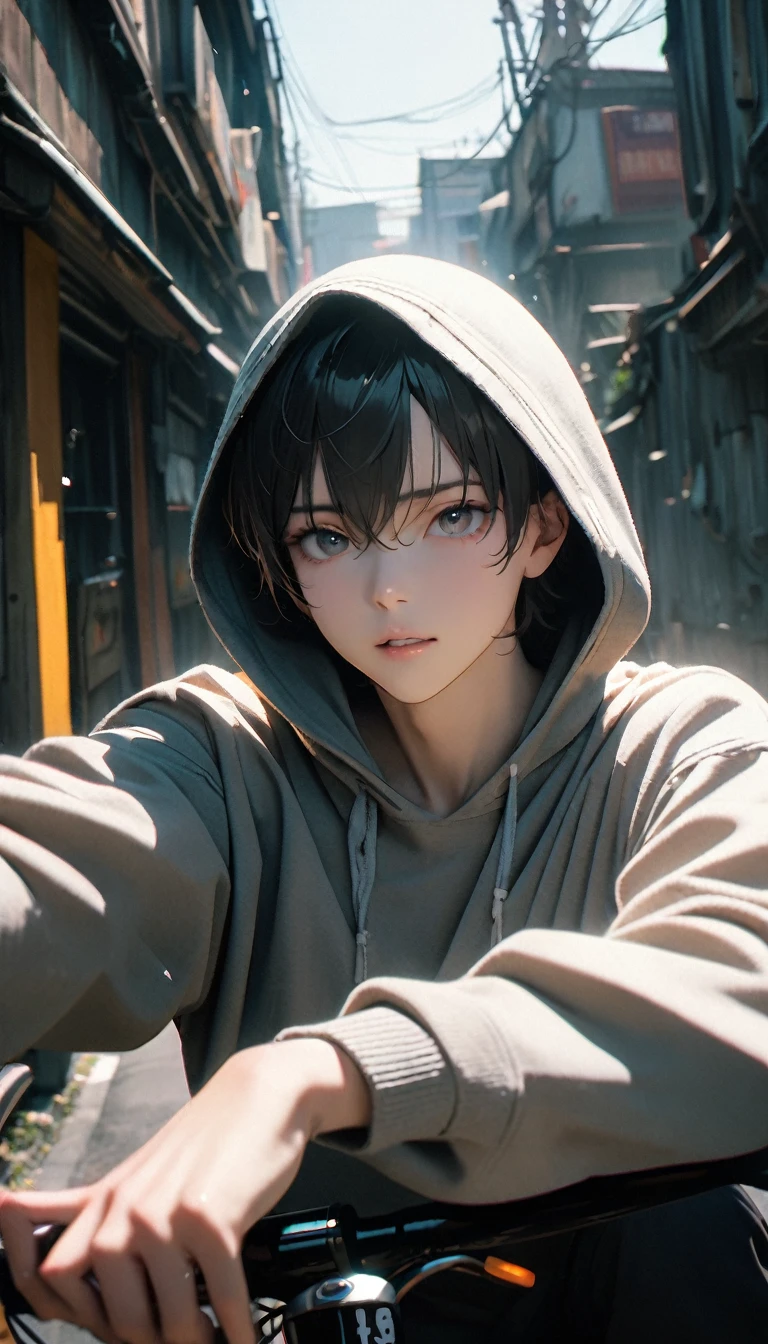 (8K, RAW photos, best quality, masterpiece: 1.4), (((Boy on bike)))，Ultra-high resolution, Extremely detailed, light, closeup of arms, handsome boy, black eyes, (delicate eyes, Eyes are bright:1.2), Gray short hair, Fair skin,dark, Grey sweatshirt, sweatshirt with hood,(perfect anatomy:1.2), High-quality shadows, Natural Lighting, (White highlights:1.2), night, cloudy day, (Alley:1.2), (River bridge:1.2)