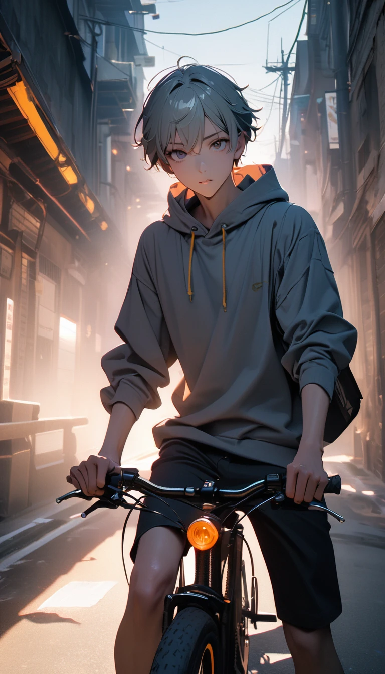 (8K, RAW photos, best quality, masterpiece: 1.4), (((Boy on bike))),Ultra-high resolution, Extremely detailed, light, closeup of arms, handsome boy, black eyes, (delicate eyes, Eyes are bright:1.2), Gray short hair, Fair skin,dark, Grey sweatshirt, sweatshirt with hood,(perfect anatomy:1.2), High-quality shadows, Natural Lighting, (White highlights:1.2), night, cloudy day, (Alley:1.2), (River bridge:1.2)