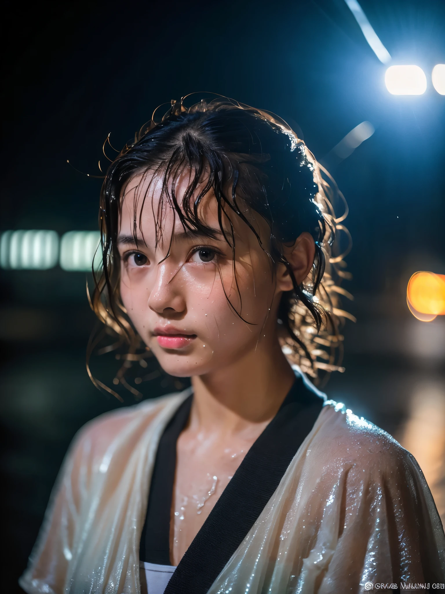 Wet roads ,drenched, Dripping, Wet Face,Wet clothes, Wet Skin, Wet Hair,A young woman with a cute face like a Japanese idol,chest,((Cinema lighting),(Natural light),(High level of artistry),(Artistic),(Quality indistinguishable from real life),RAW Photos,Genuine,Genuine,High resolution,RAW Photos,masterpiece, beautiful