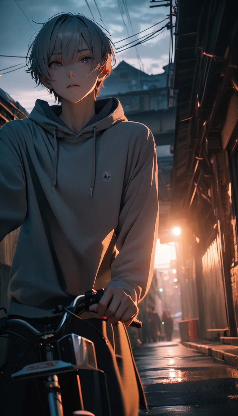 (8K, RAW photos, best quality, masterpiece: 1.4), (((Boy on bike))),Ultra-high resolution, Extremely detailed, light, closeup of arms, handsome boy, black eyes, (delicate eyes, Eyes are bright:1.2), Gray short hair, Fair skin,dark, Grey sweatshirt, sweatshirt with hood,(perfect anatomy:1.2), High-quality shadows, Natural Lighting, (White highlights:1.2), night, cloudy day, (Alley:1.2), (River bridge:1.2)