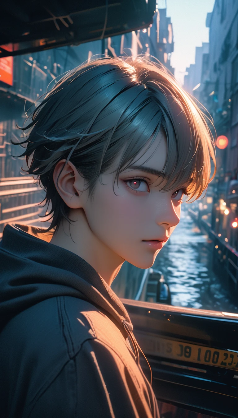 (8K, RAW photos, best quality, masterpiece: 1.4), (((Boy on bike))),Ultra-high resolution, Extremely detailed, light, closeup of arms, handsome boy, black eyes, (delicate eyes, Eyes are bright:1.2), Gray short hair, Fair skin,dark, Grey sweatshirt, sweatshirt with hood,(perfect ???????:1.2), High-quality shadows, Natural Lighting, (White highlights:1.2), night, cloudy day, (Alley:1.2), (River bridge:1.2)