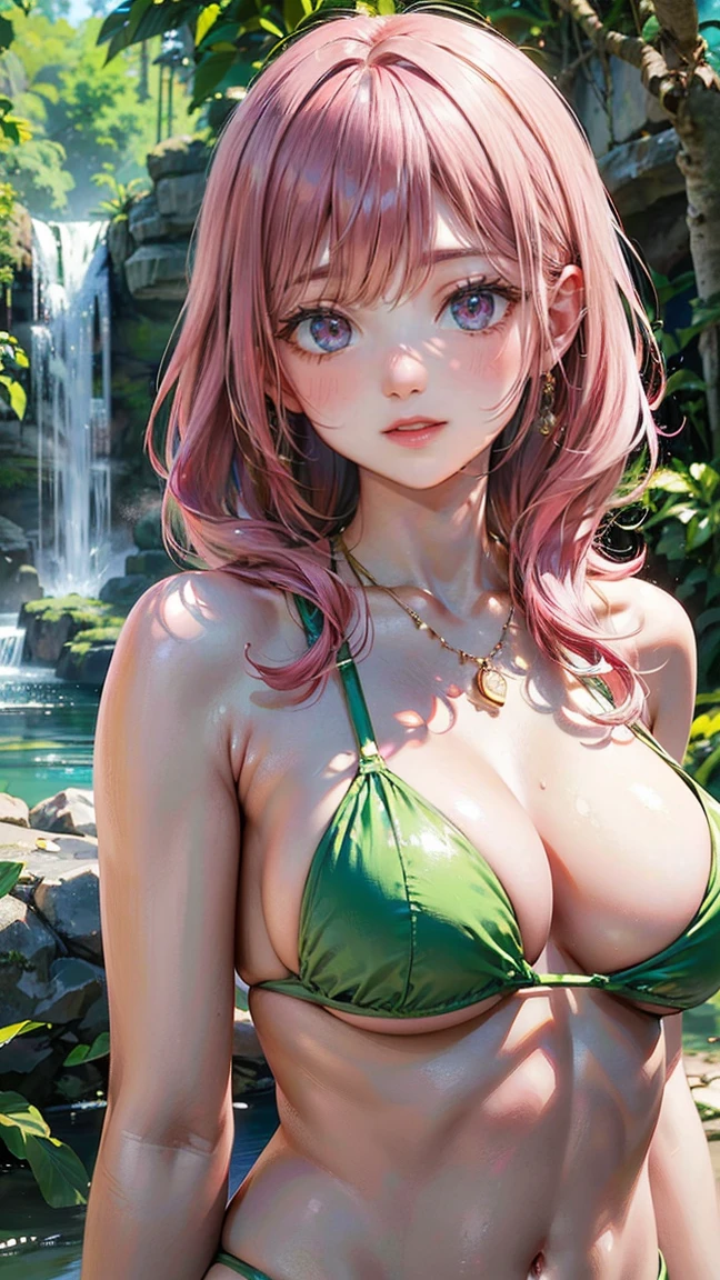 (Masterpiece, BestQuality:1.3), (ultra detailed:1.2), (hyperrealistic:1.3), (RAW photo:1.2), High detail RAW color photo, professional photograph, (Photorealistic:1.4), (realistic:1.4), professional lighting, perfect anatomy, (Big Breasts:1.2), (blush, detailed face), (cheerful Smile:1.5), Trending Hair&Trending Hairカラーをランダムに, earrings, necklace, bracelet, sexy, erotic sexy, Random sexy gravure poses, (A pink-haired beauty wearing a green bikini、Smiling and posing sexily in front of a jungle waterfall in summer。:1.3)